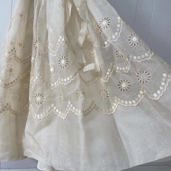 1950s Sheer Eyelet Embroidered Organza Party Dress Rounded Collar Satin Buttons - Picture 7 of 12